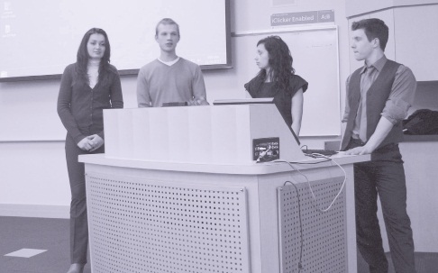 Students answering questions from the audience (L. to R.): Vira Holiyan, Ihor Kotsiuba, Dominika Lirette and Stephan Pacholok