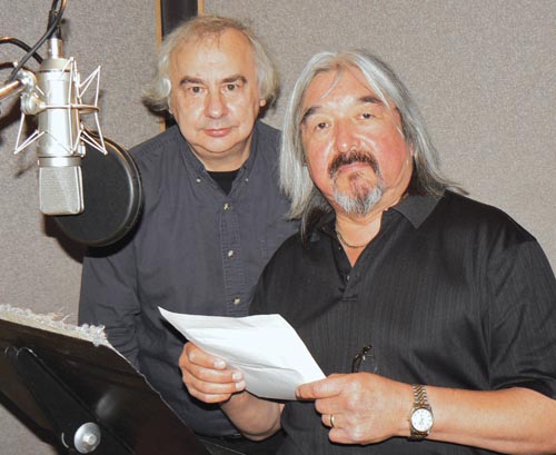 Canadian actor Graham Greene (right) recording English narration for Genocide Revealed with film’s director Yurij Luhovy in Toronto’s Spence-Thomas Audio Post studio