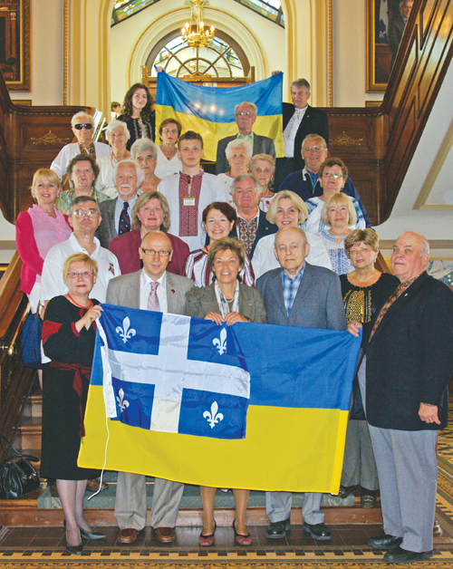 L. to R. first row: Marika Putko, President UCC Quebec, Ihor Ostash, Ukraine's Ambassador in Canada, Louise Beaudoin, Quebec MNA, Professor Roman Serbyn with members of the Ukrainian community at the Quebec’s National Assembly