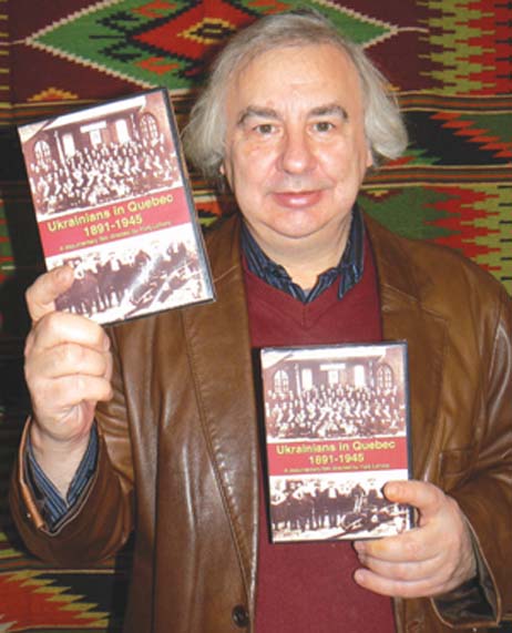 Filmmaker Yurij Luhovy with his newly released DVD Ukrainians in Quebec