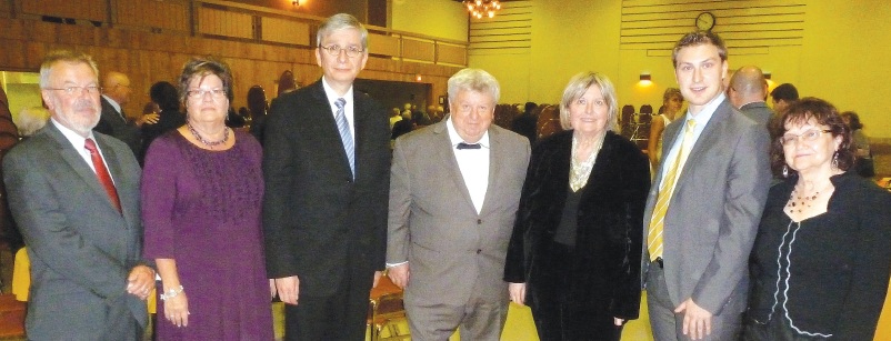 L. to R.: His Excellency Arunas Staskevicius, Honorary Consul of Lithuania in Montreal; Sylvia Staskevicius, president, Lithuanian community of Montreal; Evhen Czolij, president Ukrainian World Congress; keynote speaker Ihor Bardyn, founder/director of CUPP; Zorianna Hrycenko-Luhova, president, UCC Montreal;  UCC Centennial Scholarship winner, McGill Medical student, Artem Luhovy;  Bohdanna Klecor-Hawryluk, cultural/educational chairperson, UCC Montreal