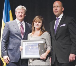 4 - UCC Youth Leadership Award recipient Christina Sawchyn (centre) with PM Harper (left) and Paul Grod (right)